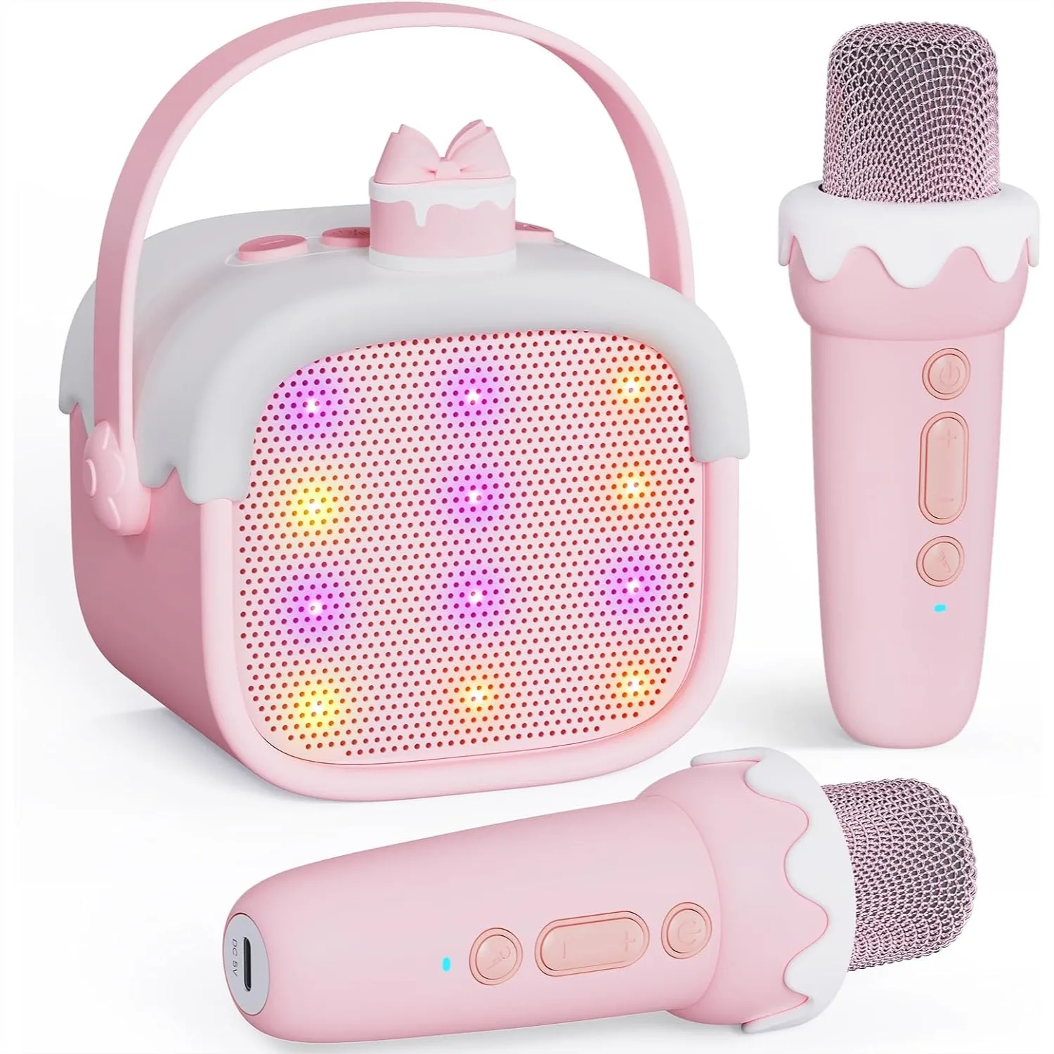 

Kids Karaoke Machine with 2 Wireless Microphones - Portable Bluetooth Speaker with LED Lights & Voice Changer, Fun Toy for Ages
