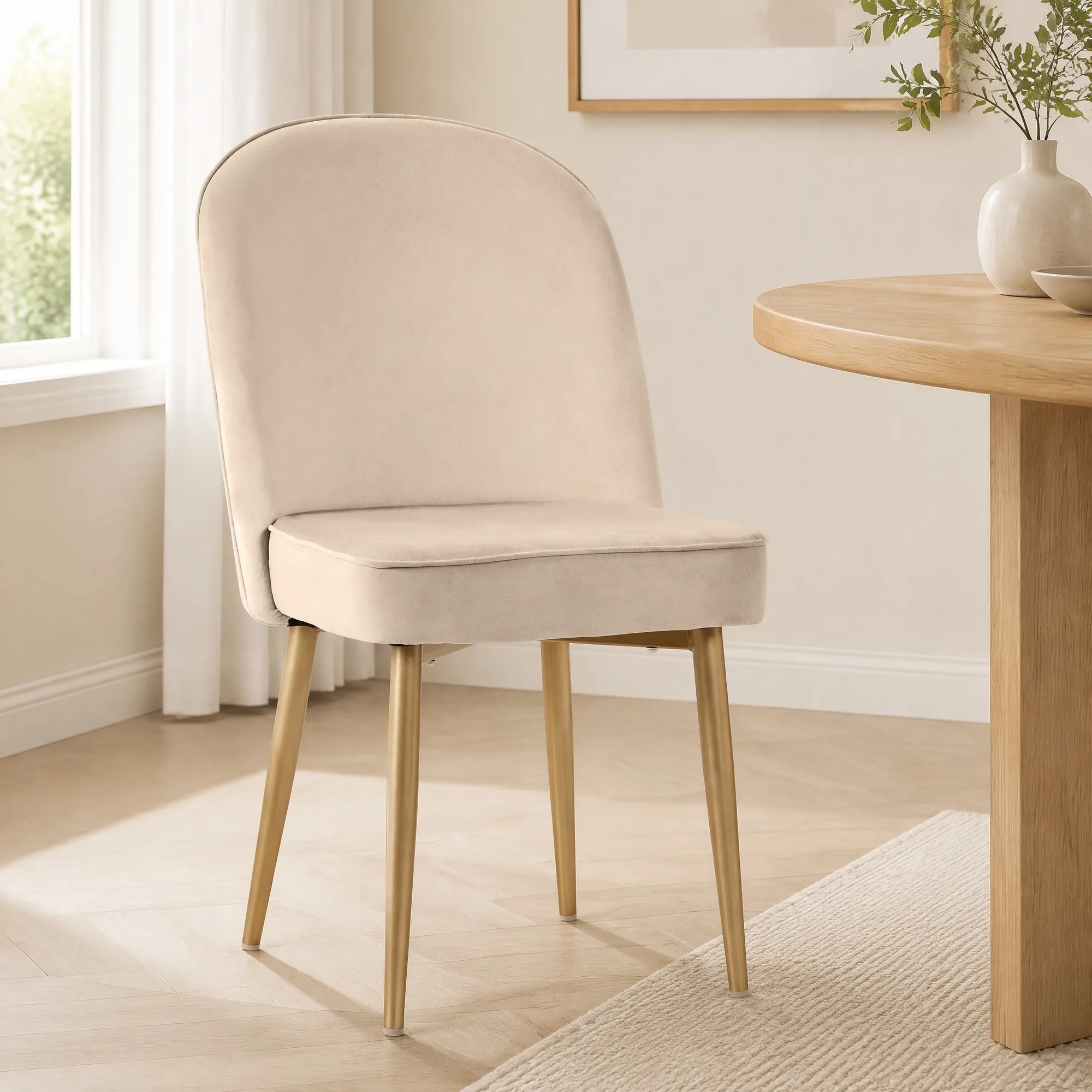 Juego de 2 sillas de comedor modernas de terciopelo color beige con patas de metal dorado, 45,5 x 62 x 87,5 cm.