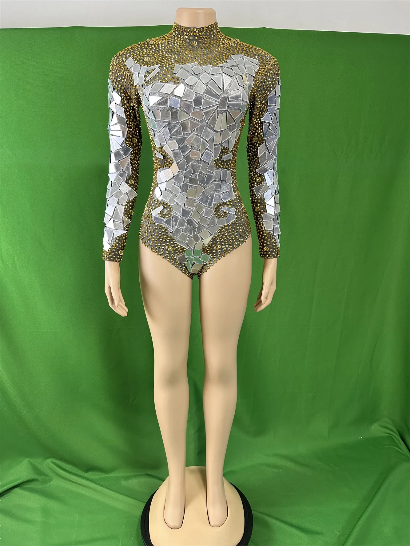 

Women Gold Sequin Rhinestone Sparkly Long Sleeve DJ DS Gogo Bodysuits Party Celebrate Queen Costume