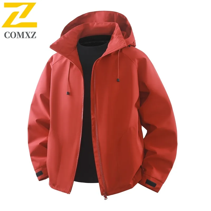 

COMXZ Men Coat New Loose Windproof Waterproof Outdoor Camping Hiking Travel Jogging Casual Coat Hooded Gorpcore Rider Jacket