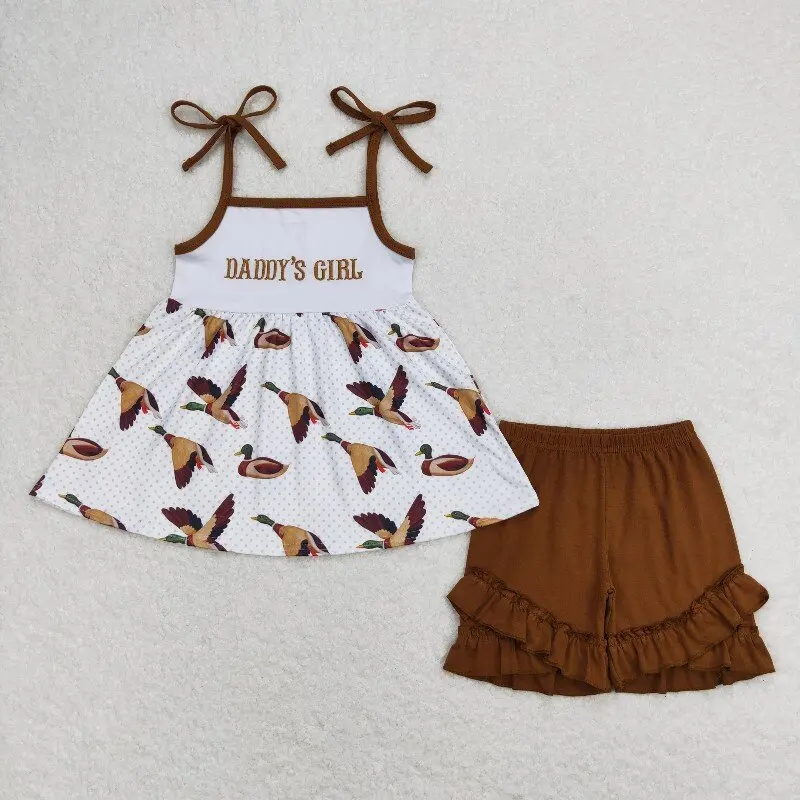 

X12.13 GSSO0807 Summer Daddy's Girl Embroidered Baby Girl's Hot Selling Duck Brown Shorts Set