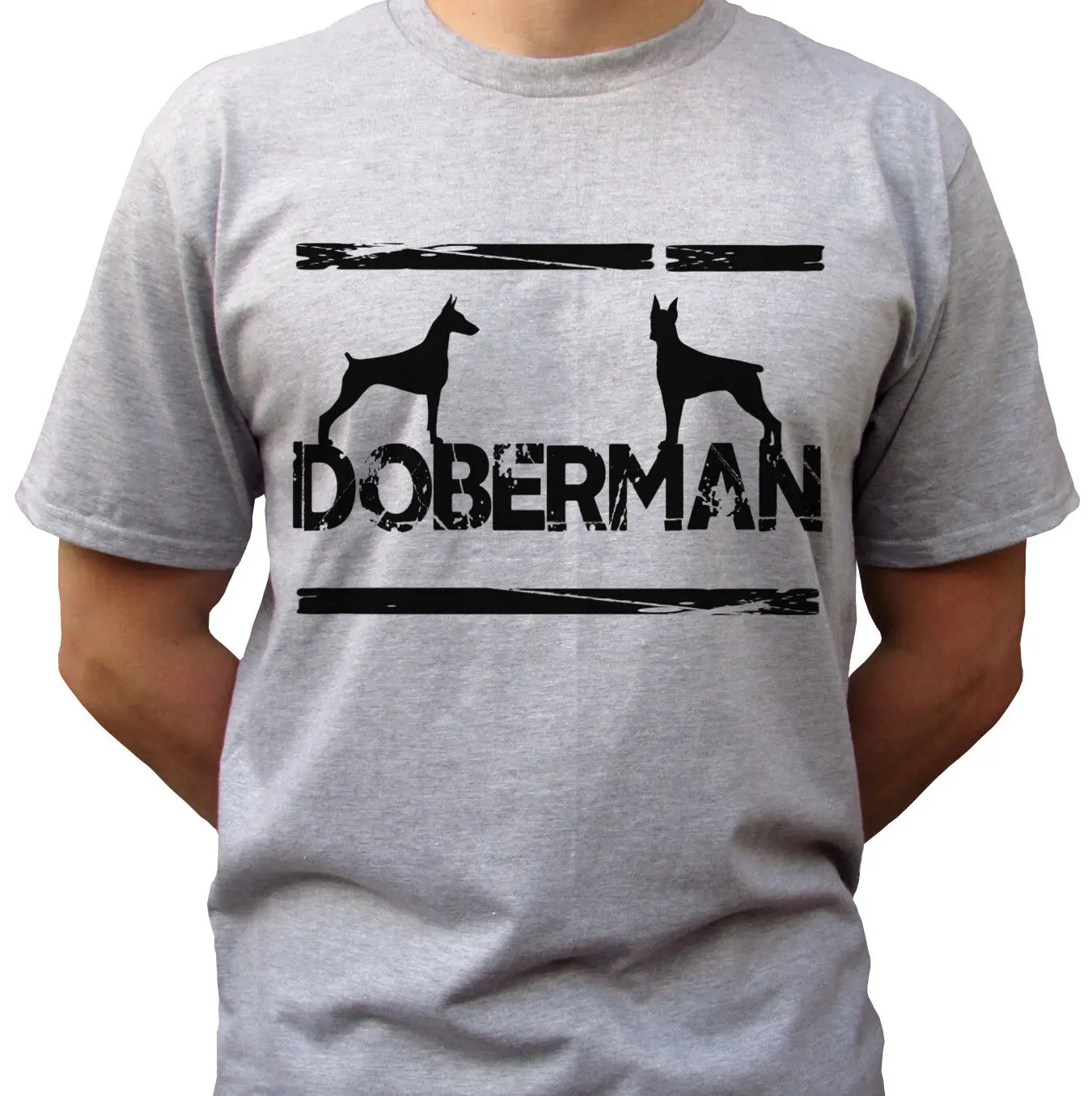 

Doberman Pinscher logo - grey t shirt top tee dog design - mens sizes