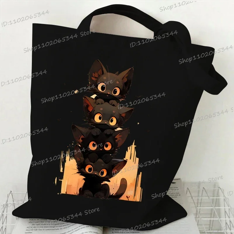 Canvas Tote Bag Anime Black Cat Print Shopping Bag Women Graphic Casual Fashion Teen Handbag Cartoon Kitten Side Bag for Ladies