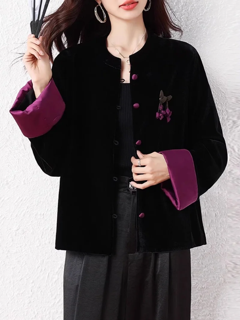 سترة على الطراز الصيني لعام 2025 للنساء، سترة خريفية أنيقة، معطف ربيعي مخملي فضفاض، قمة الموضة الوطنية متوسطة الطول W1764