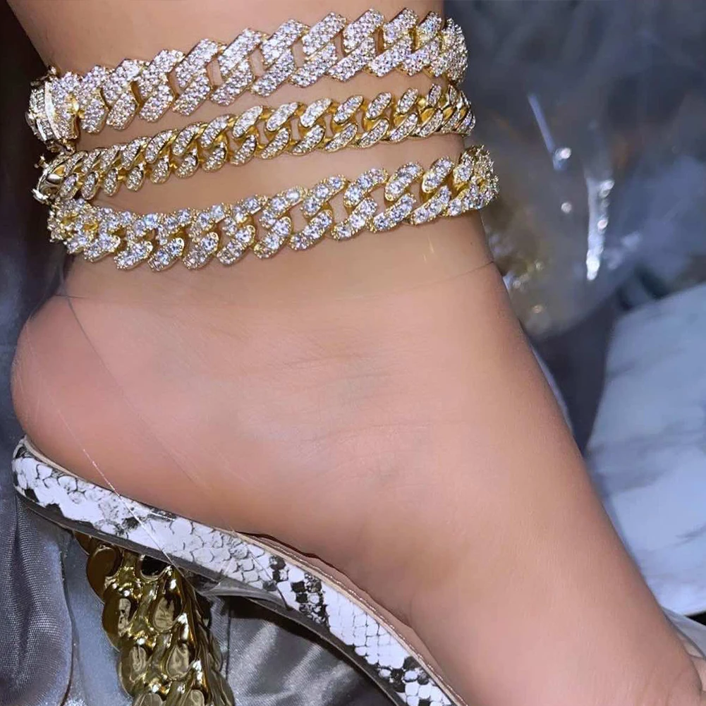 

Hip Hop Punk Miami Cuban Link Chain Anklets For Women Iced Out Prong Cuban Link Ankle Bracelets Woman Beach Foot Jewelry Trendy