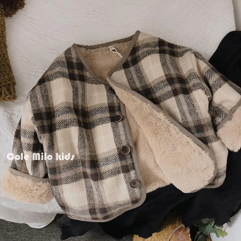 

Children's new fleece plaid coat male and female babies wear cotton-padded clothes outside autumn and winter