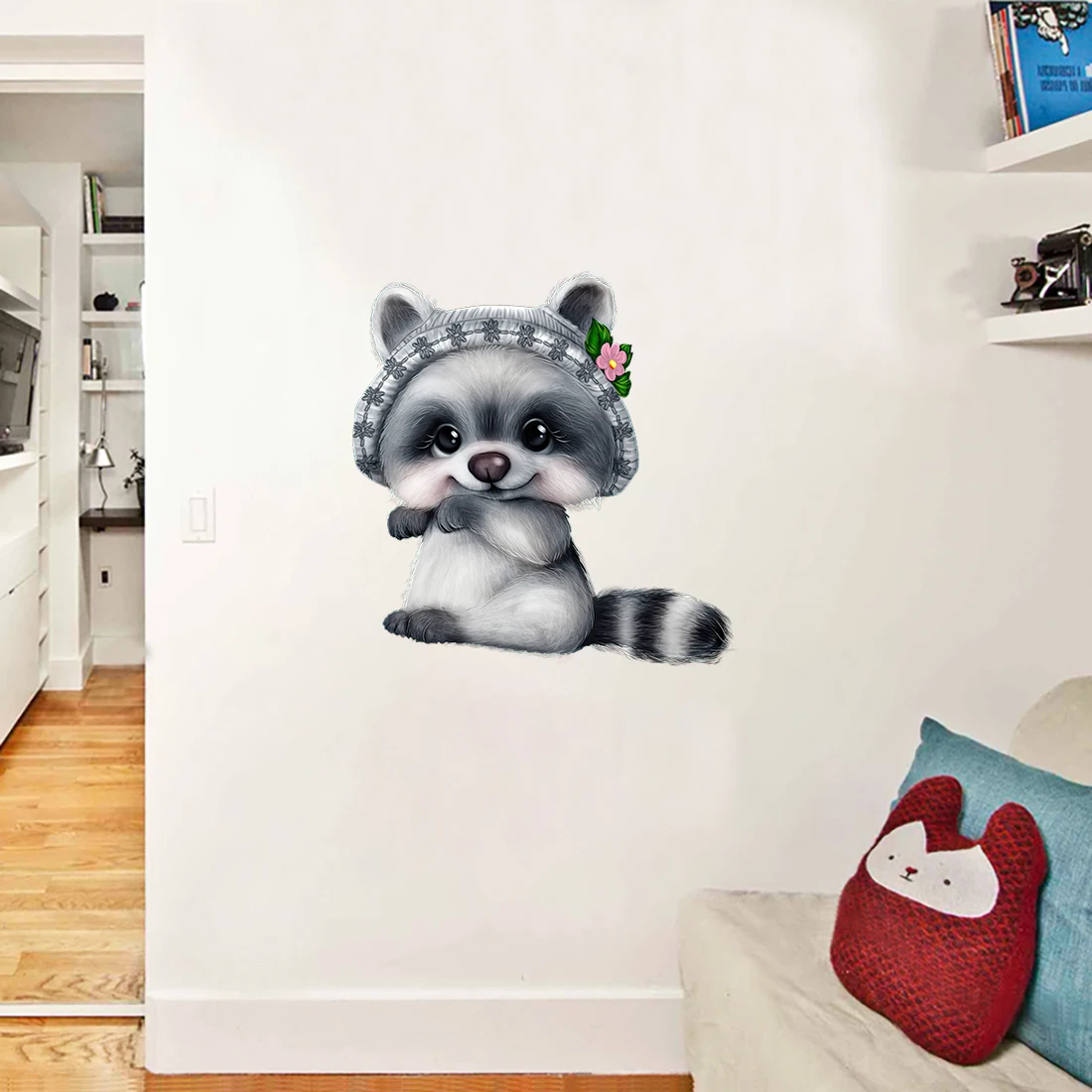 Three Ratels CX50 Super cute little raccoon hand-painted cartoon forest animal wall sticker kid's bedroom decoration