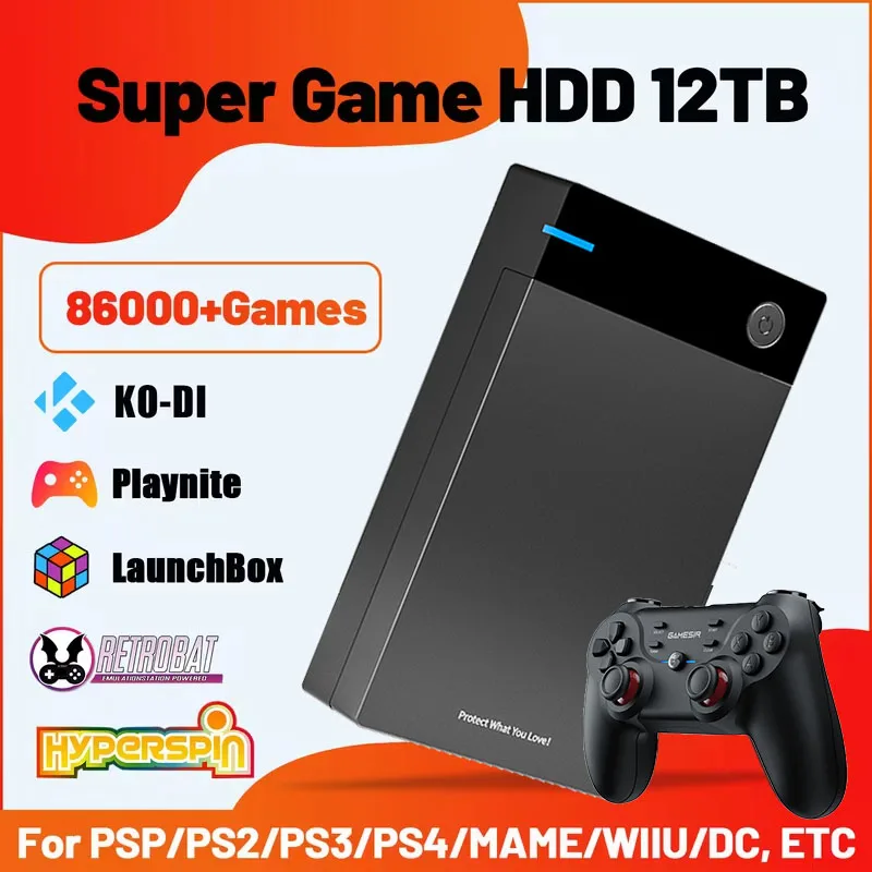 12T Super Game HDD with Hyperspin Launchbox Retrobat Playnite Gaming HDD with 86000+ Retro Vidoe Game For PS3/PS2/PSP/WIIU/DC