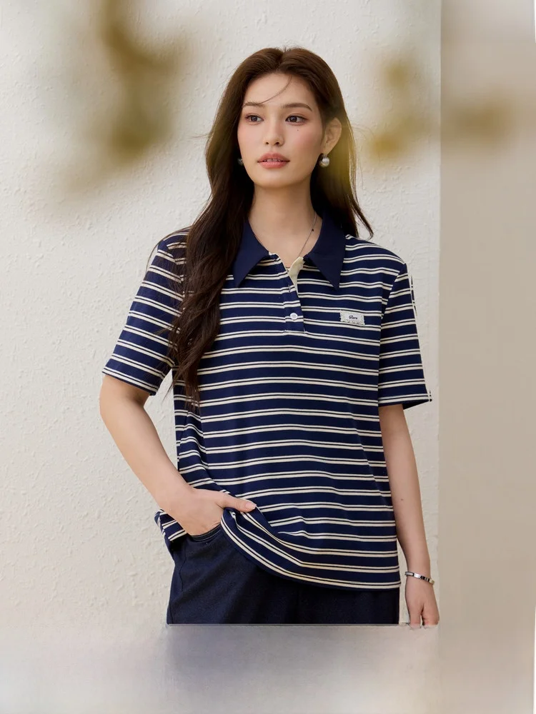 

Slim Fit Neck T-Shirt Striped Color Block College Style Women's plus Size Spring Fashion Casual Comfortable Cotton Blend