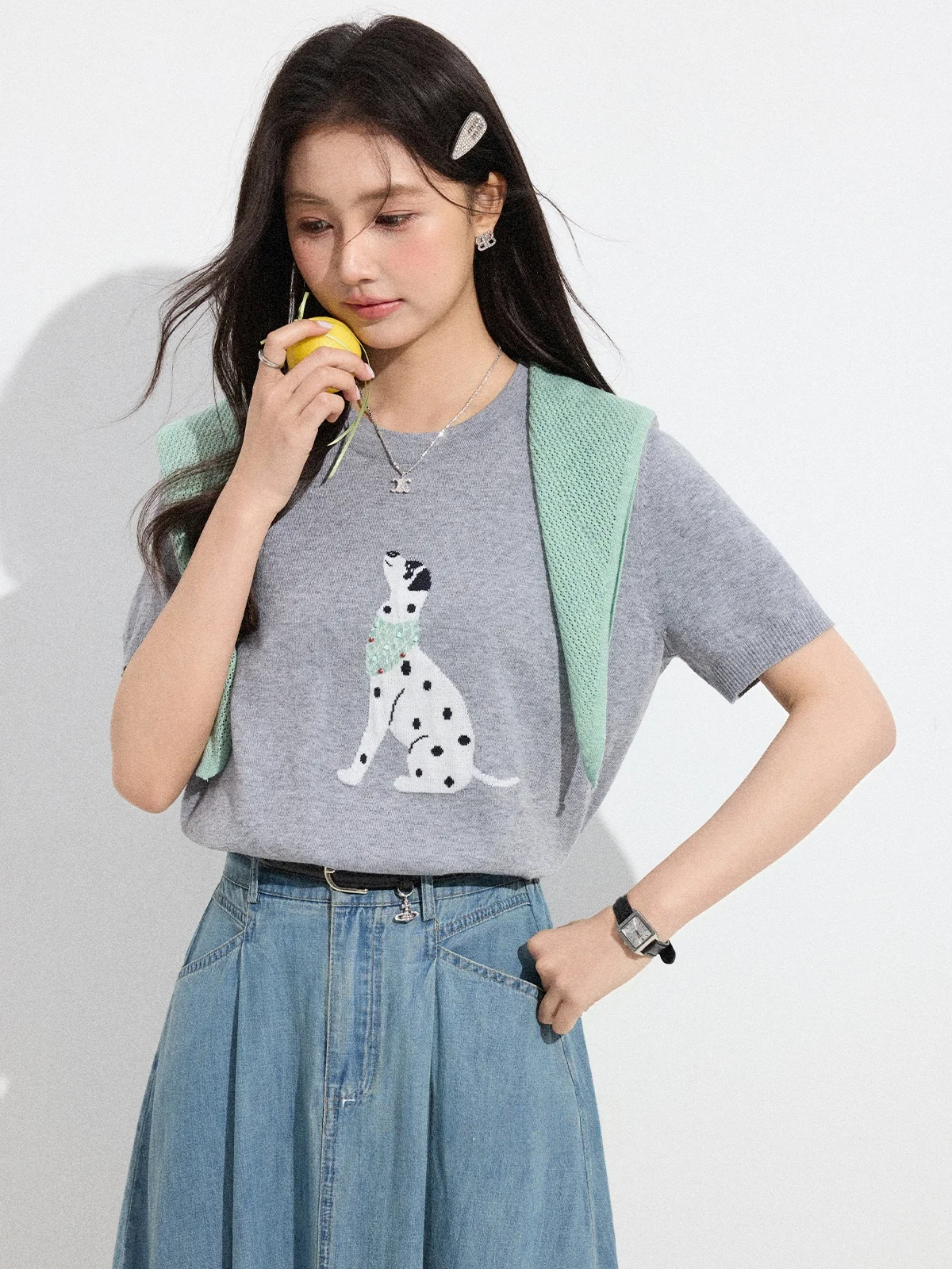 

Серый вязаный свитер с круглым вырезом и коротким рукавом для женщин, с вышивкой в виде собаки, антивозрастной топ, стандартная длина, широкие плечи