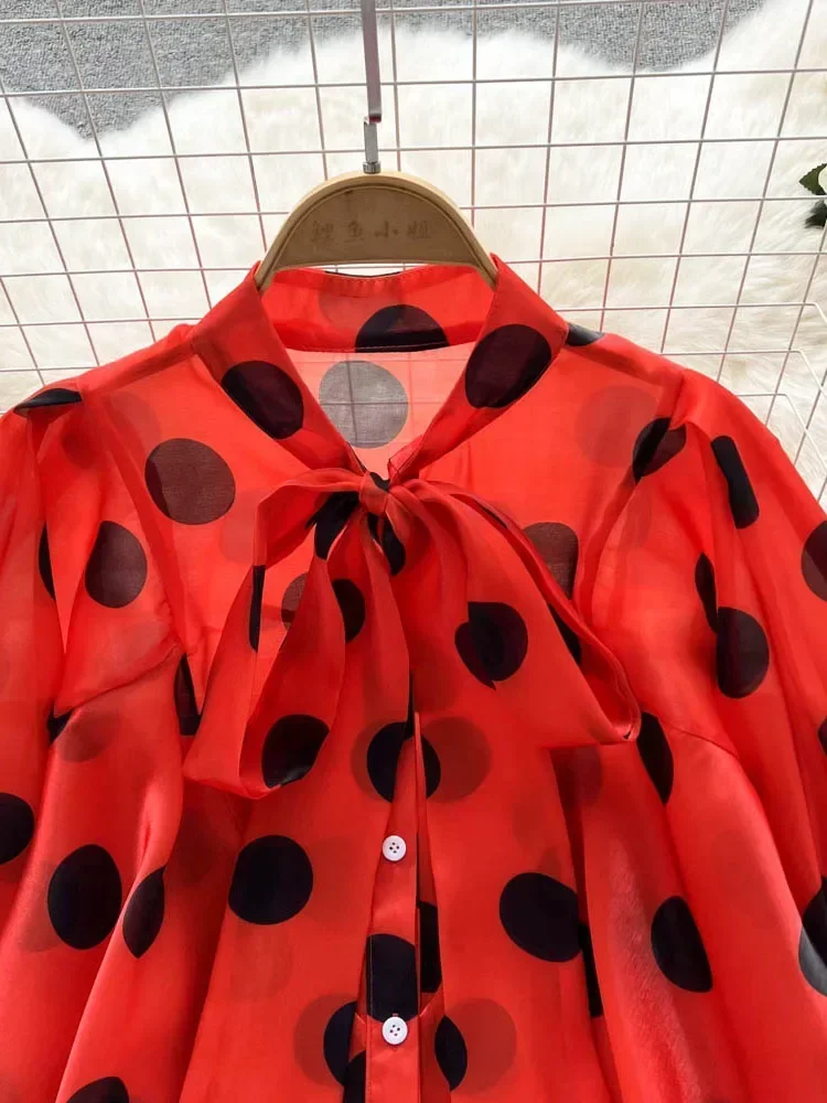 Women's Spring Summer New All-match Chiffon Shirt Bow Tie Long-sleeved Polka Dot Western-style Top Blouse D999