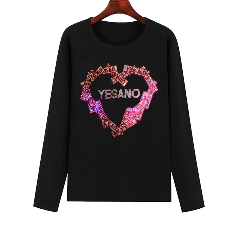 Spring, Autumn and Winter Leisure long-sleeved Women's T-shirts Hot Diamond inlaid Diamond yes Love T-shirts