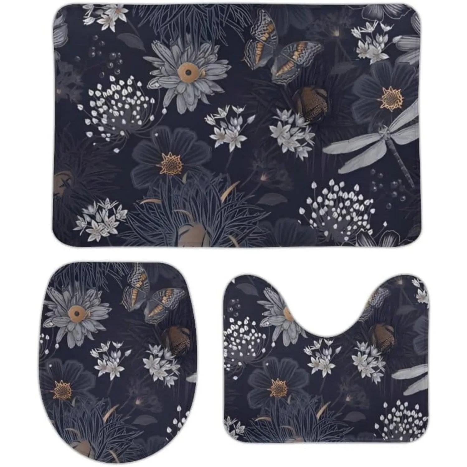 مجموعة سجادة أرضية الحمام RV مكونة من 3 قطع، سجادة كفاف على شكل زهرة اليعسوب على شكل حرف U، غطاء مقعد المرحاض، حمام مضاد للانزلاق