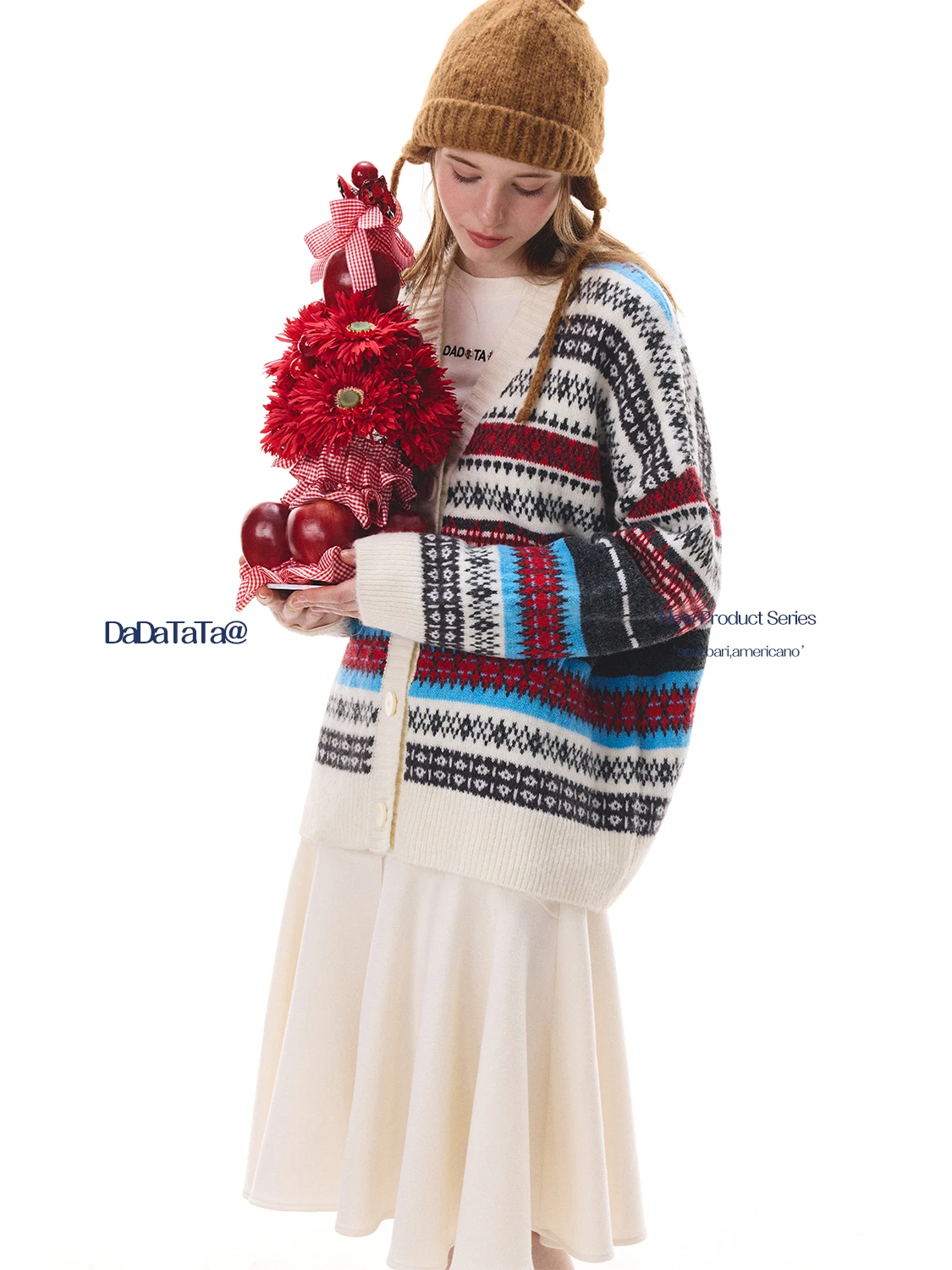

JGGU Crystal Label DTA Wool Blend Knitted Cardigan Festive Aosphere Camere Sweater Women's Loose Fit Long Sve V-Ne