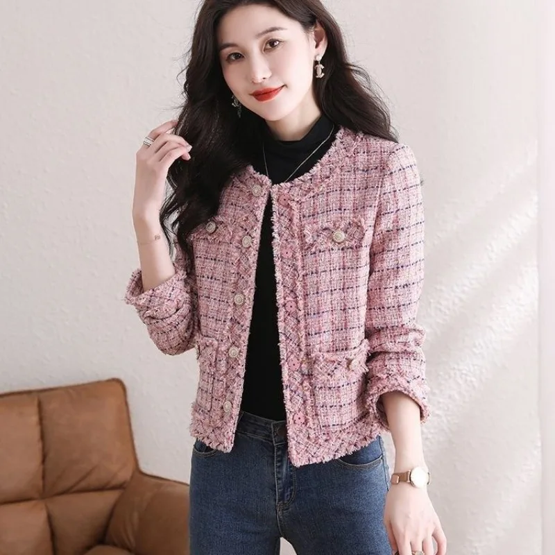 Korean Chic Woman Tweed Jacket Long Sleeve Tweed Blazer Pink Coat Cropped Jacket Luxury Outerwear Pocket Button New