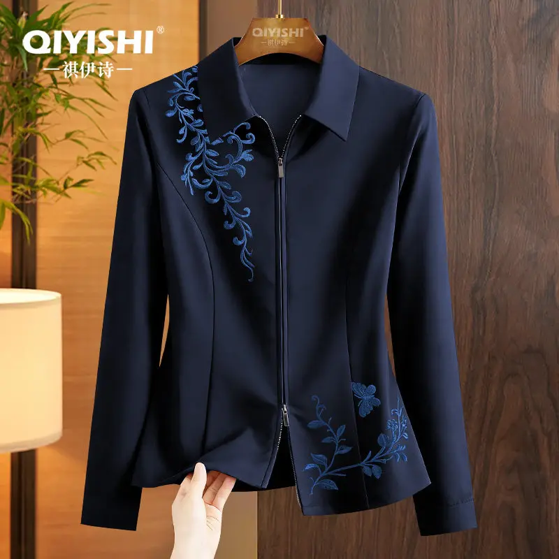 

Fashion Embroidered Women' Zip-up Knitted Shirt Long Sleeve Turn-down Collar Stretchy Skinny Spring Summer Tops And Blouses