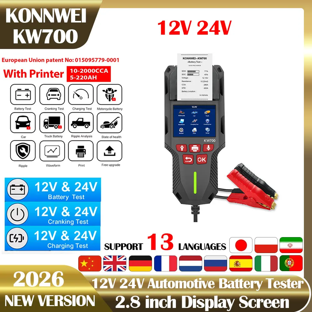 

KONNWEI KW700 Car Truck Moto Battery Tester 12V 24V With Print function Battery Analyzer Cranking Charging Test Tool 10-2000CCA