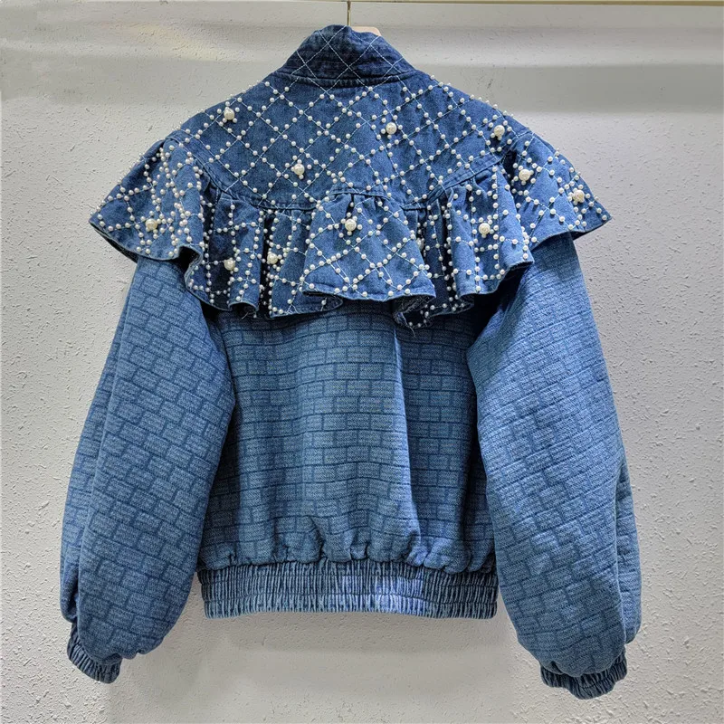 Spring Autumn Heavy Industry Beads Color Matching Ruffles Temperament Denim Jacket Fashion Loose Long Sleeve Versatile Blue Top