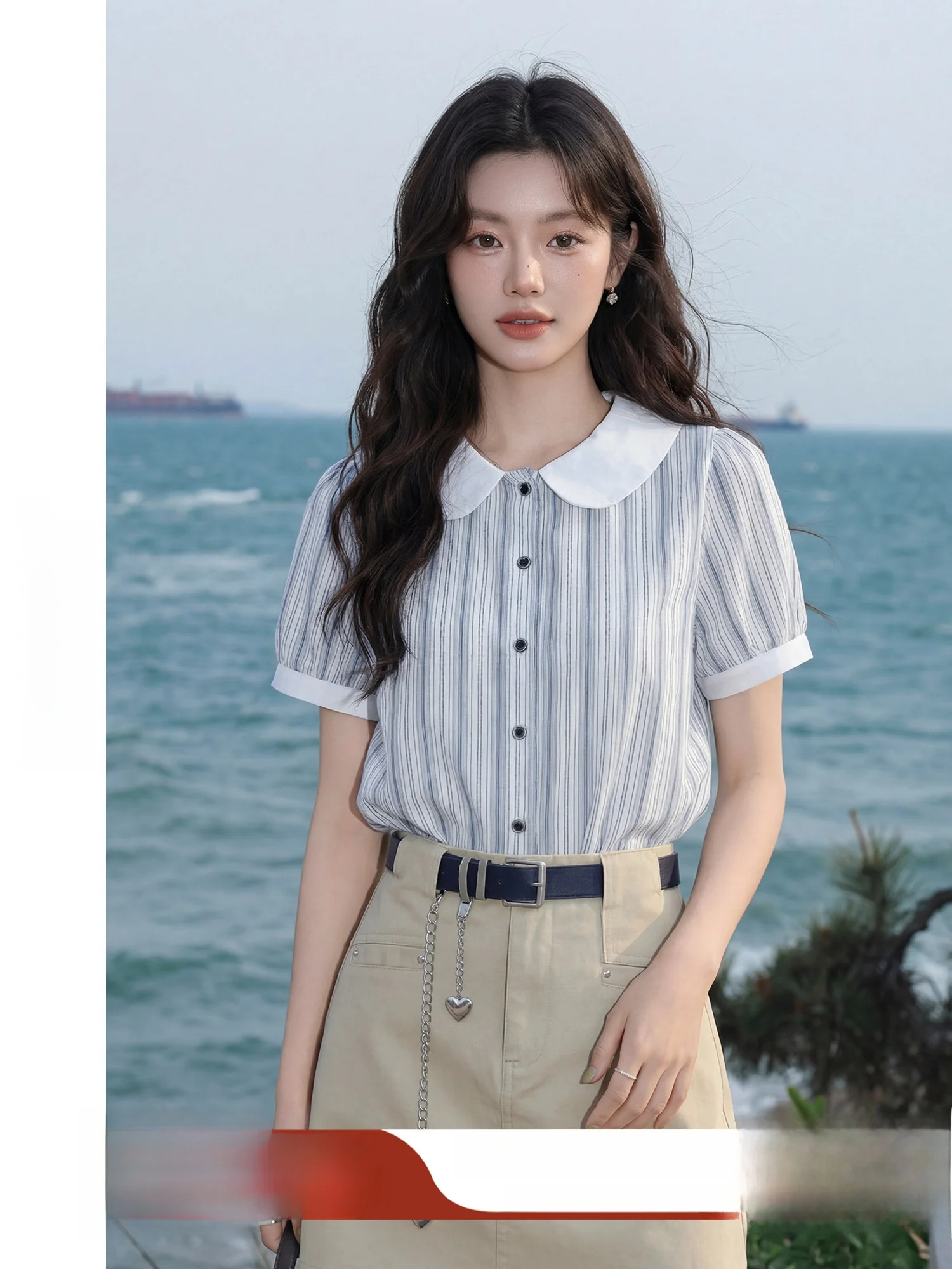 

Anti-Aging Plaid Short Sleeve Doll Collar Shirt Korean Style Striped Casual Shirt for Young Women Summer New Arrival