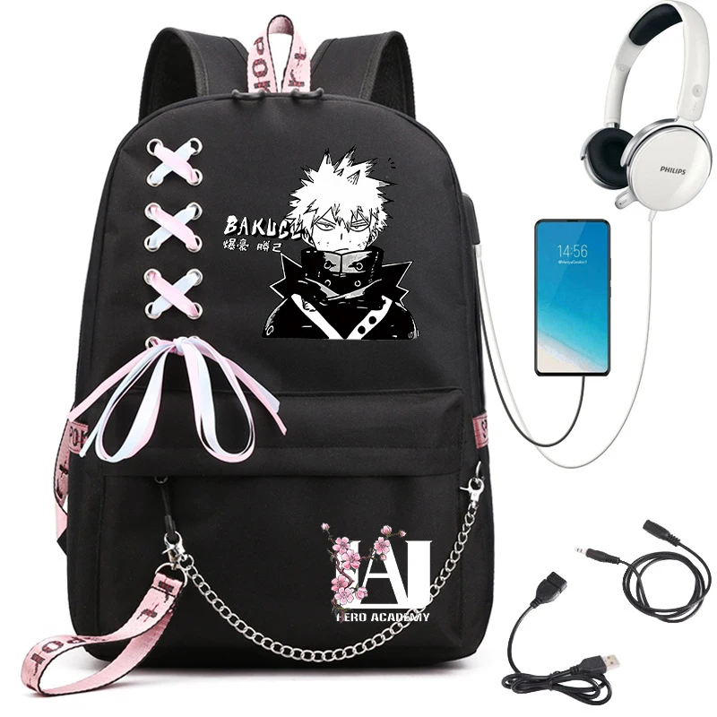 My Hero Academia Anime Women's Backpack Usb Port Ladies Travel Backpack Shoulder Bag Katsuki Bakugo Anime Trend Laptop Backpack