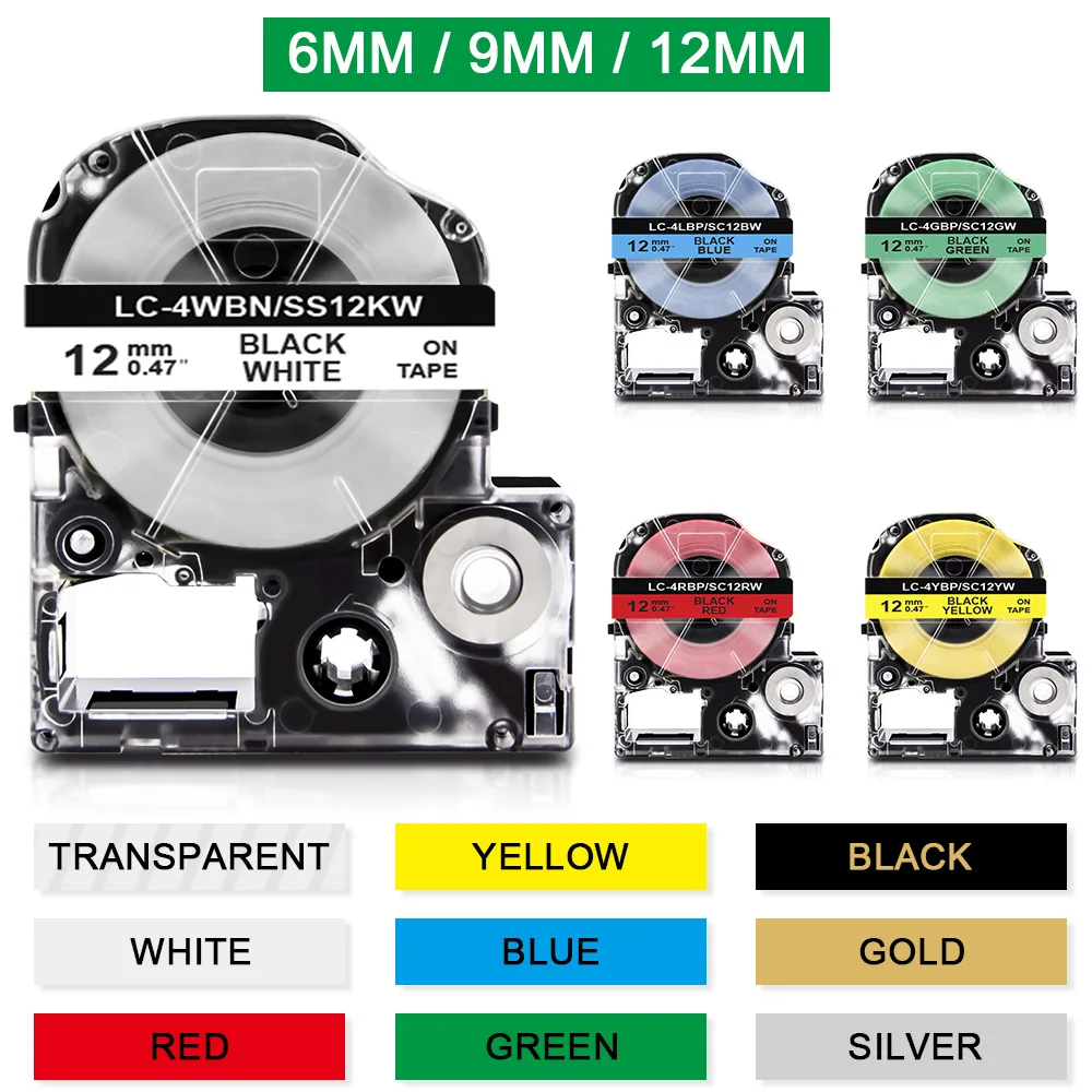 6/9/12mm SS12KW Label Tape LC-4WBN Compatible Epson LabelWorks Printer LW300 LW400 LW500 LW600P LW700 King Jim Labeling Machine