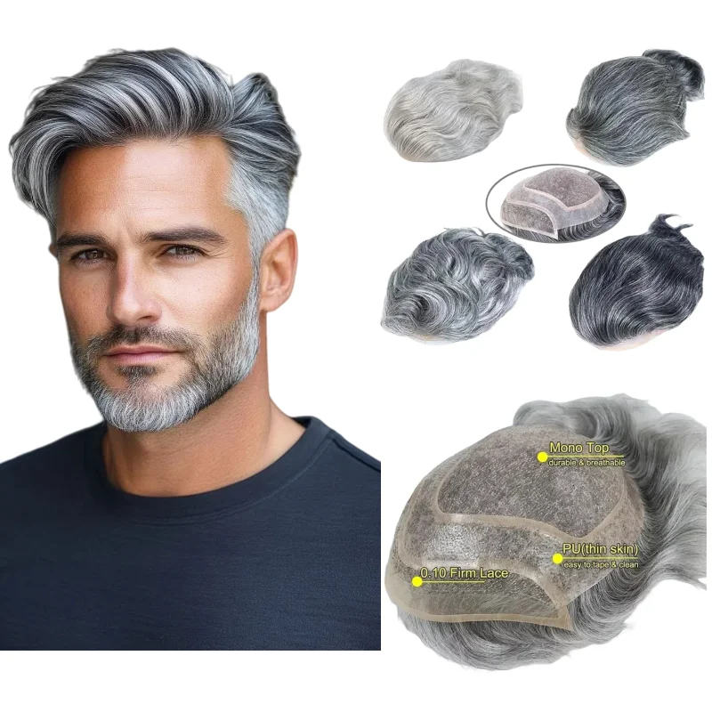 

Grey Hair Toupee For Men Mono Base 8x10 Inch Human Hair Lace With Pu Lightweight Colors 1B60 #7 #613 For Comfort