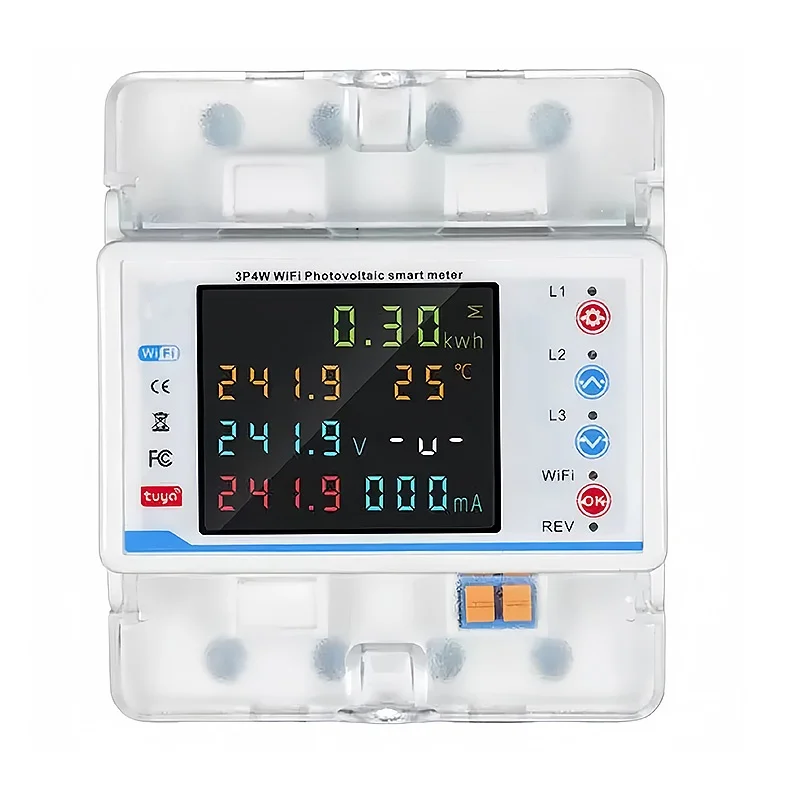 WiFi Three-Phase Din Rail Electricity Monitor LCD Display 0.1 Accuracy IOT Enabled-Voltage Leakage Energy Monitoring