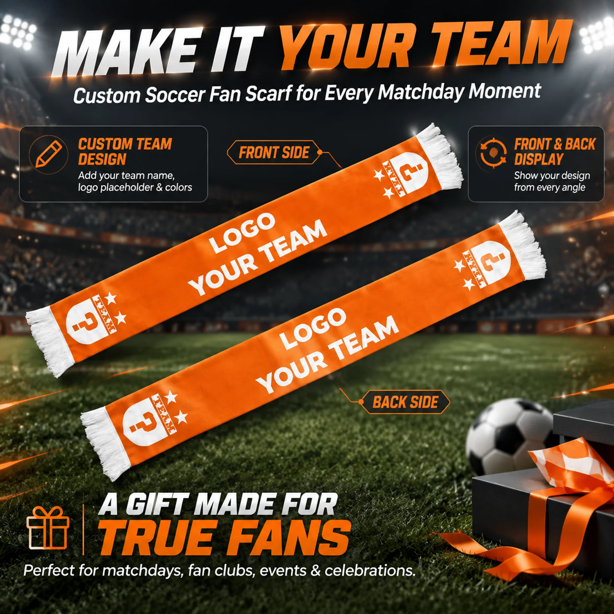 Custom Football Scarf with Tassels Personalized Soccer Fan Scarf Custom Logo Team Supporter Gift Sports Accessory