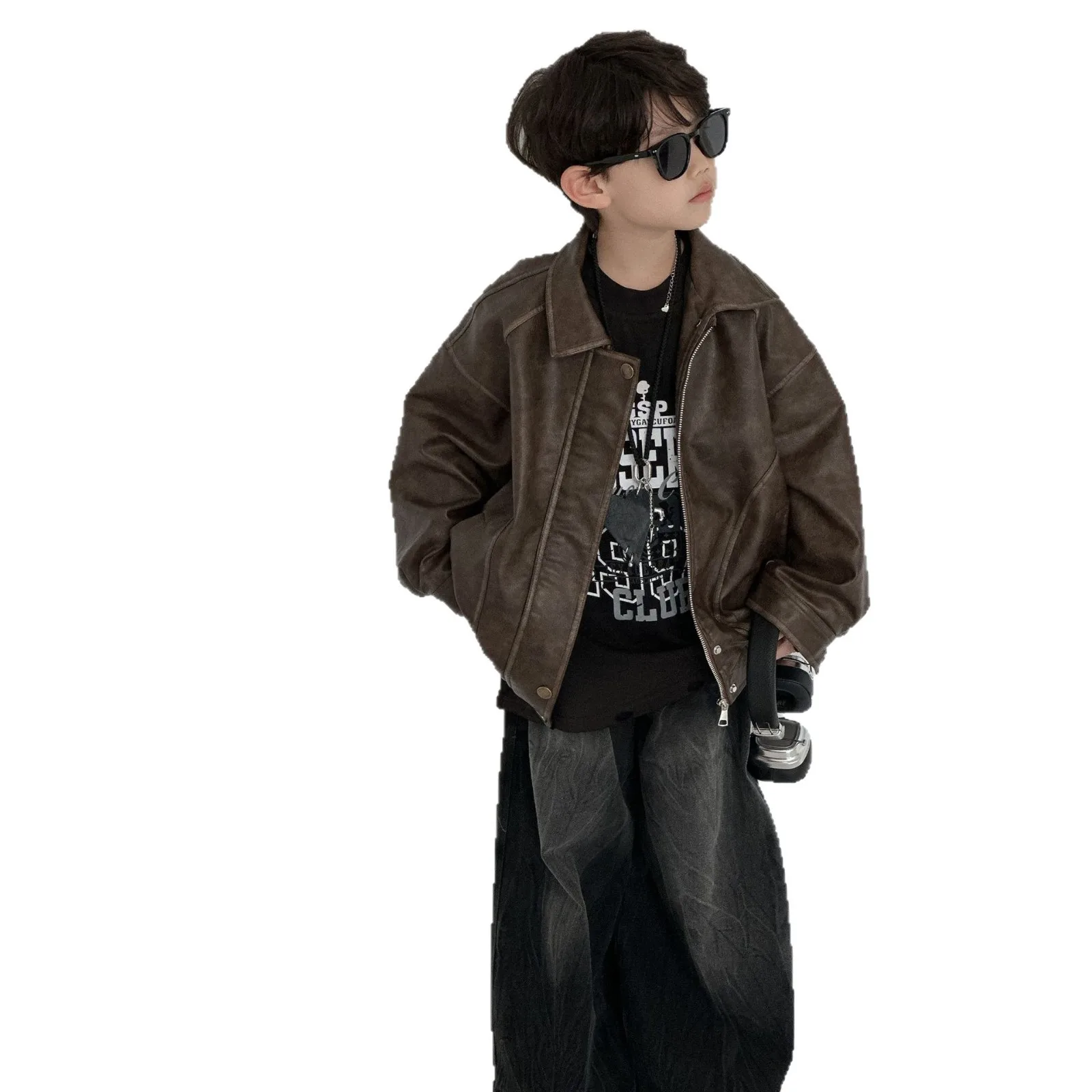 

Boys' Autumn Leather Jacket 2026 New Spring and Autumn Retro Hong Kong Style Lapel Loose Children's Jacket Trendy Top