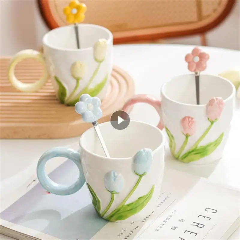 Tulip Pattern High Quality Smooth Easy To Clean Durable Smooth Handle Ceramic Drink Cup Does Not Fade Ceramics Hand Carved Mug