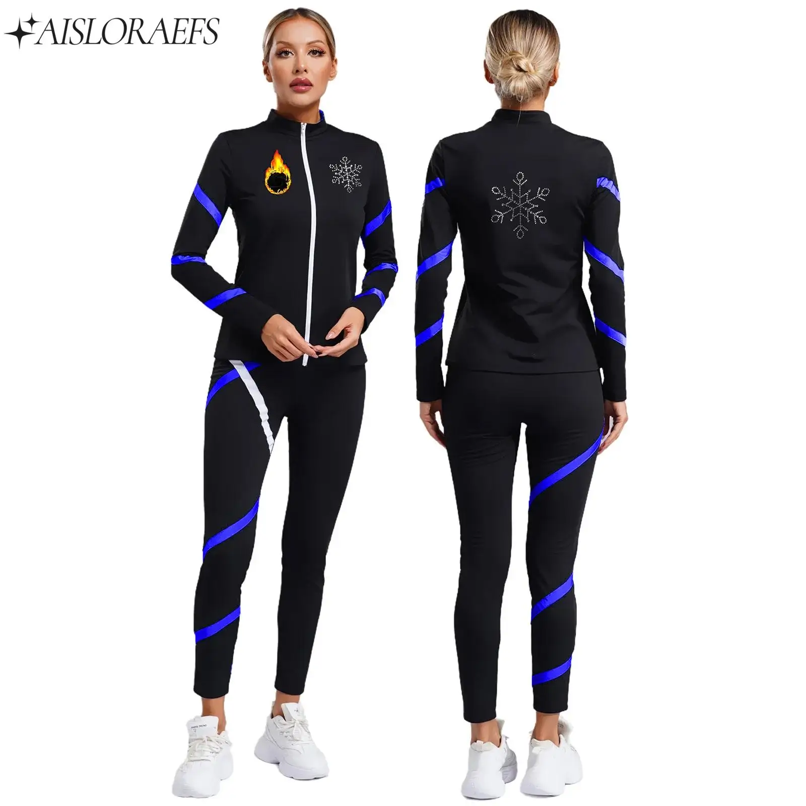 Womens Sports Set Color Modern Dance Costume Patchwork Jacket Long Sleeve Sweatshirt with Leggings for Figure Skating Gymnastics