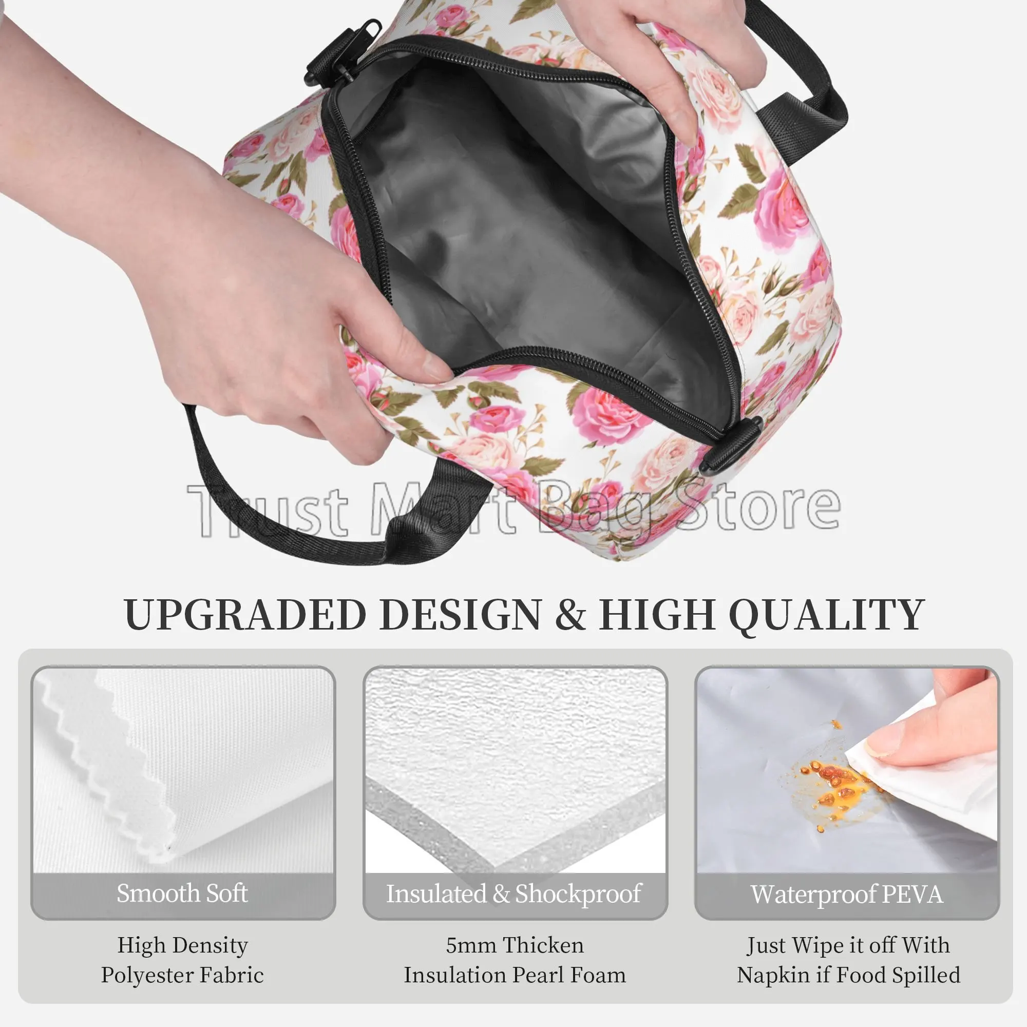 Watercolor Rose Pink Flower Insulated Lunch Box Cooler Tote for Women Reusable Thermal Lunch Bag with Adjustable Shoulder Strap