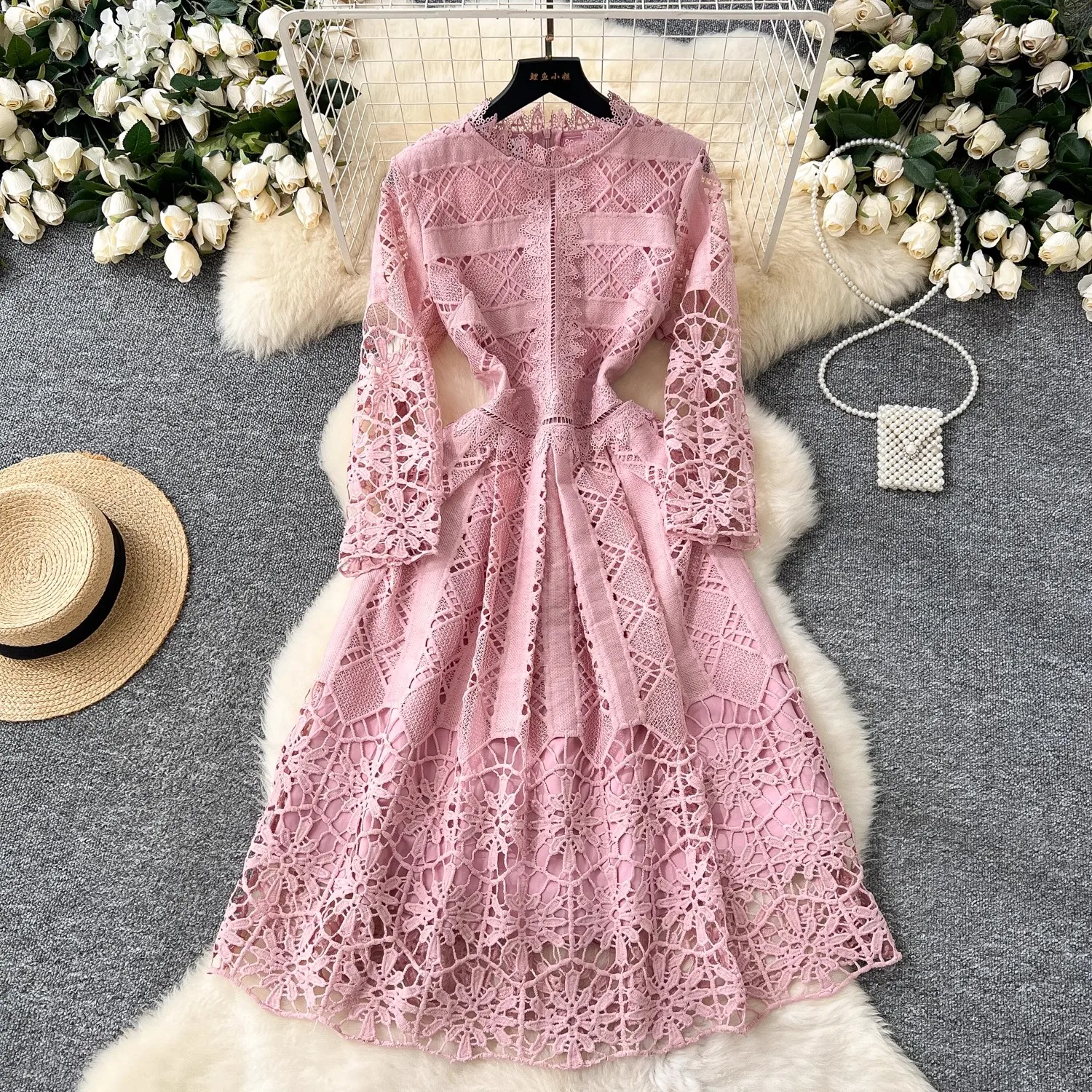 Elegant Women Stand Collar Blue Crochet Floral Hollow Out Midi Dress New Autumn Vintage Water Soluble Lace Spliced Party Vestido