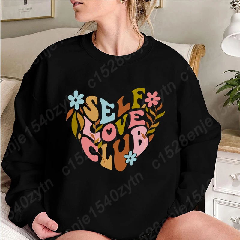 

New Women Long Sleeve Hoodless Pullovers Flower Heart Self Love Club Print Round Neck Outdoor Sweatshirt Tops Trend Women's Tops