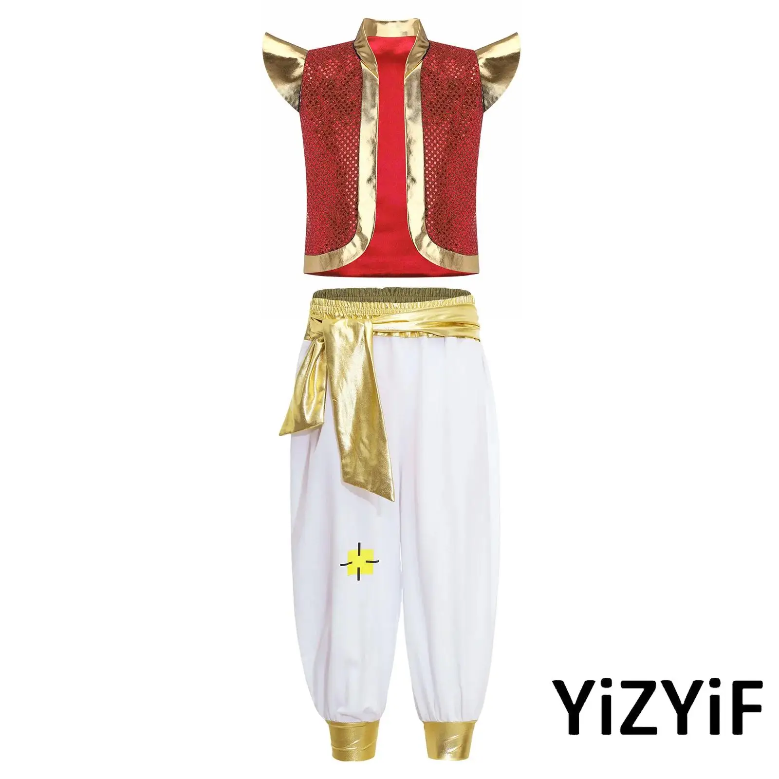 

Kids Boys Radiant Arabian Prince Costume with Sequin Vest And Elastic Waistband Patchwork Pants for Halloween Carnival Dress Up