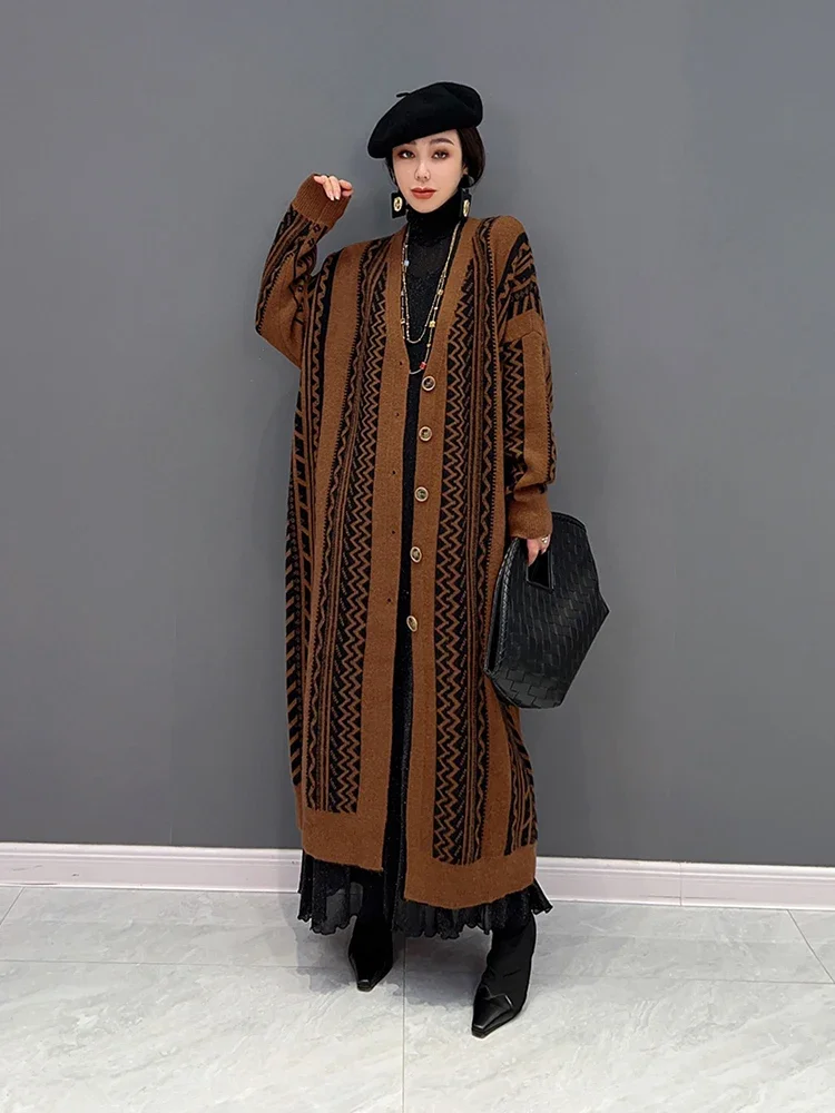 XITAO Vintage Knitting Cardigan Fashion Contrast Color Spicing Long Women Sweater Coat 2024 Spring New All-match WLD10022