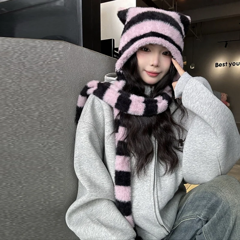 Sweet Cool Striped Cat Ear Bomber Hat with Scarf Warm Winter Ear Protector Women Fashion Soft New Faux Fur Knitted Beanie Hat