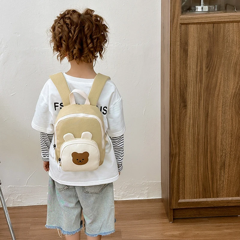 Cute Cartoon Bear Pattern Canvas Backpack for Kids Boys Girls Traveling Picnic BBQ School Bags for Children Casual Bags