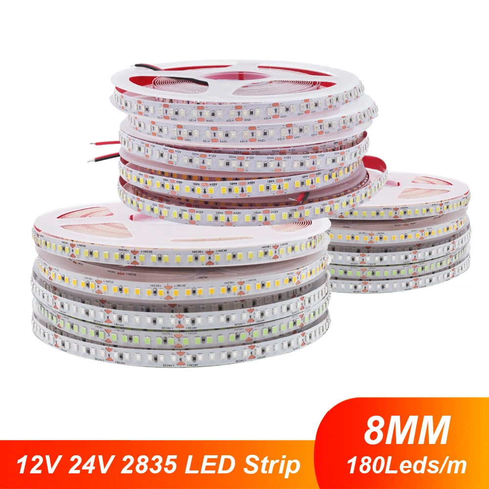 

5m 12V 10m 24V DC 8mm Width 2835 SMD Flexible LED Strip 180LEDs/M LED Lamp Tape for Home Decoration Cool Warm White Pink Blue