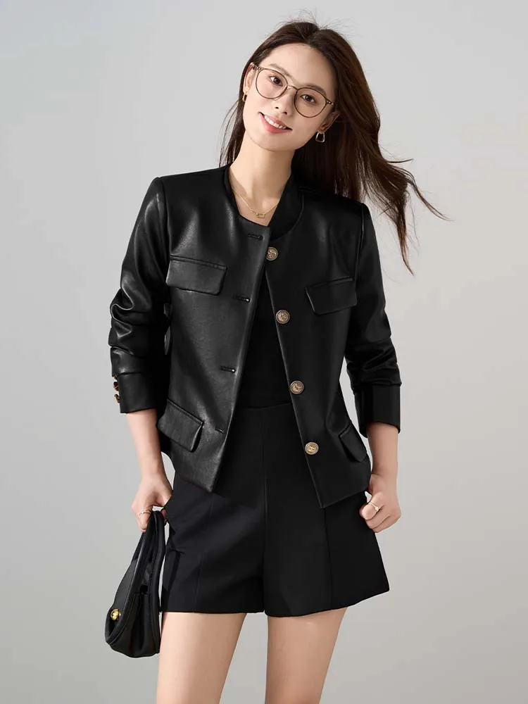 Borgoña mujer primavera otoño cuello redondo chaqueta de piel sintética Oficina señora chaqueta de motocicleta de un solo pecho abrigo de PU 2025 INKEO 5O075