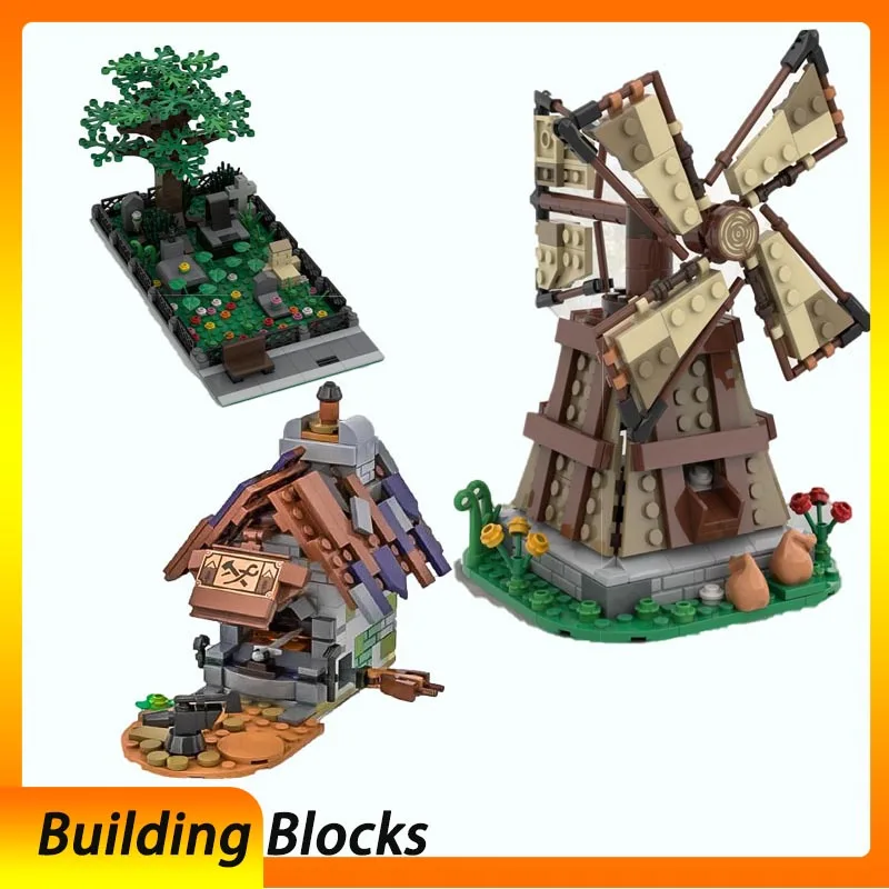 

Spot MOC-65701 church cemetery 117560 windmill model 138521 medieval tent small particle assembly building block toys
