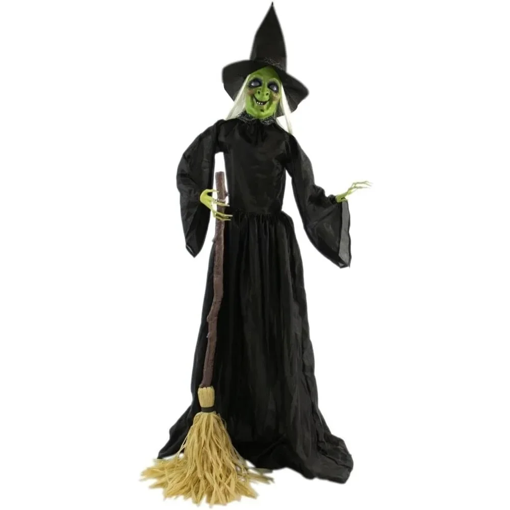 

Halloween Animatronic 71-in,Witch with Broomstick,Poseable and Talking Animated Halloween Decor, Battery Operated Halloween Prop