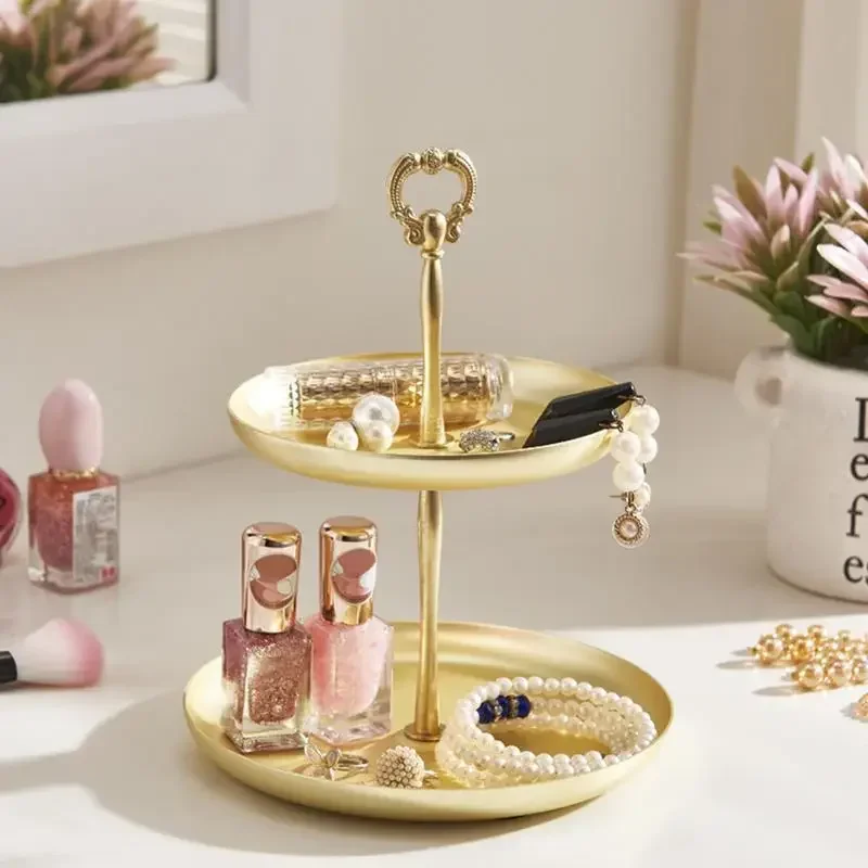 

New Two-tier Golden Jewelry Tray Serving Plate Metal Tray Food Storage Ornaments Necklace Ring Earring Tray Home Decoration