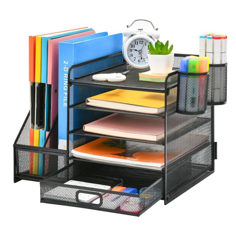 Detachable Metal Desk File Organizer, 4 Tier Vertical File Rack with Pen Holders and Drawer Options, A4 Book Stand Storage