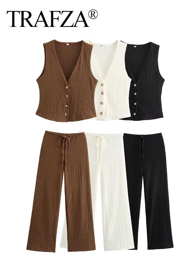 TRAFZA 2024 Women Pants Suit V-Neck Single Breasted Solid Texture Casual Vest Top+High-Waisted Drawstring Wide Leg Pants