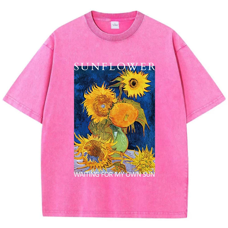 Vintage Womans Acid Wash T-Shirts Sunflower Waiting For My Own Sun Prints Tops Crewneck Cotton Oversize Tees Fashion Clothes