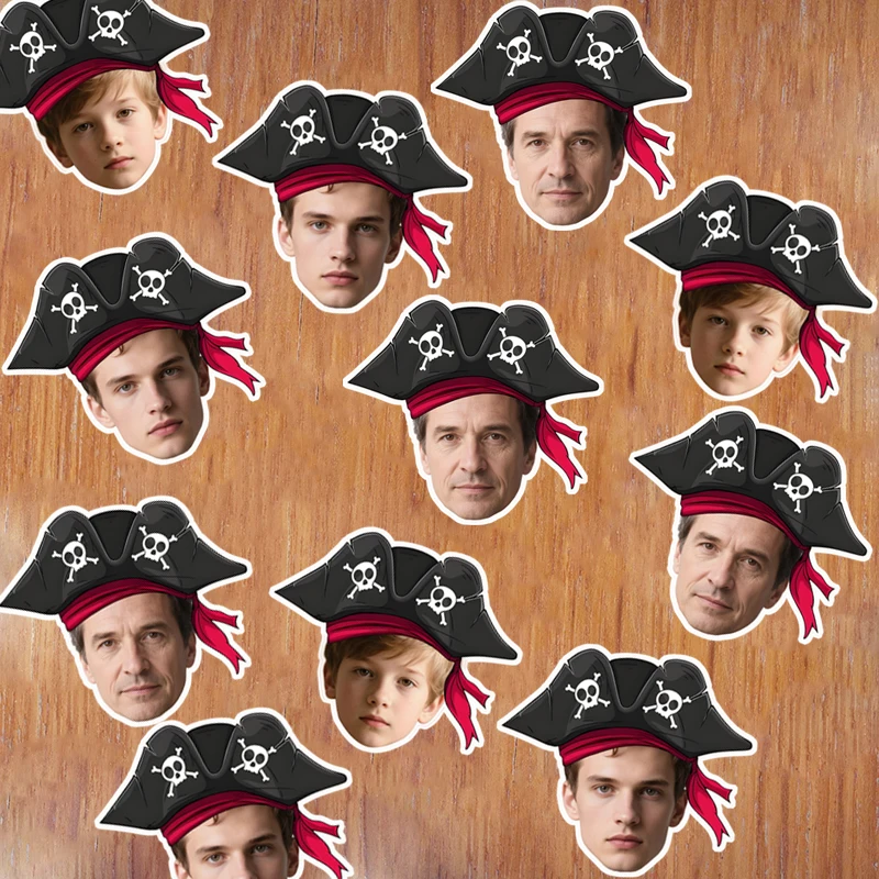 15/30pcs Custom Halloween Pirate Hat Skull Face Stickers Personalized Photo Die Cut Decals Pirate Theme Halloween Party Favors ﻿