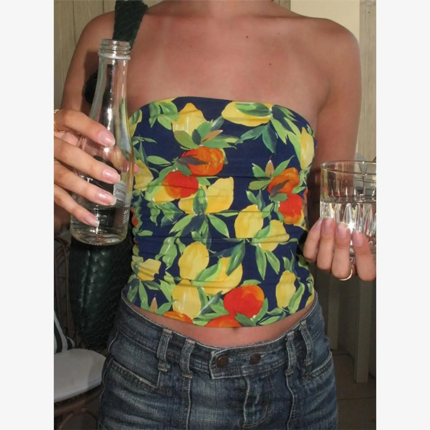 توب نسائي قصير بتصميم ريترو مطبوع بلوحة زيتية، ملابس خارجية للنساء، أزياء الشارع، طول متوسط، صيف 2024