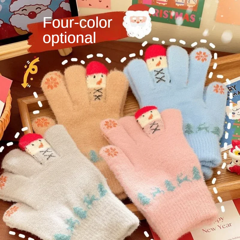 

Зимние теплые перчатки, женские плюшевые мультяшные милые рождественские снеговики, пять пальцев, сенсорный экран, вязаный рождественский подарок