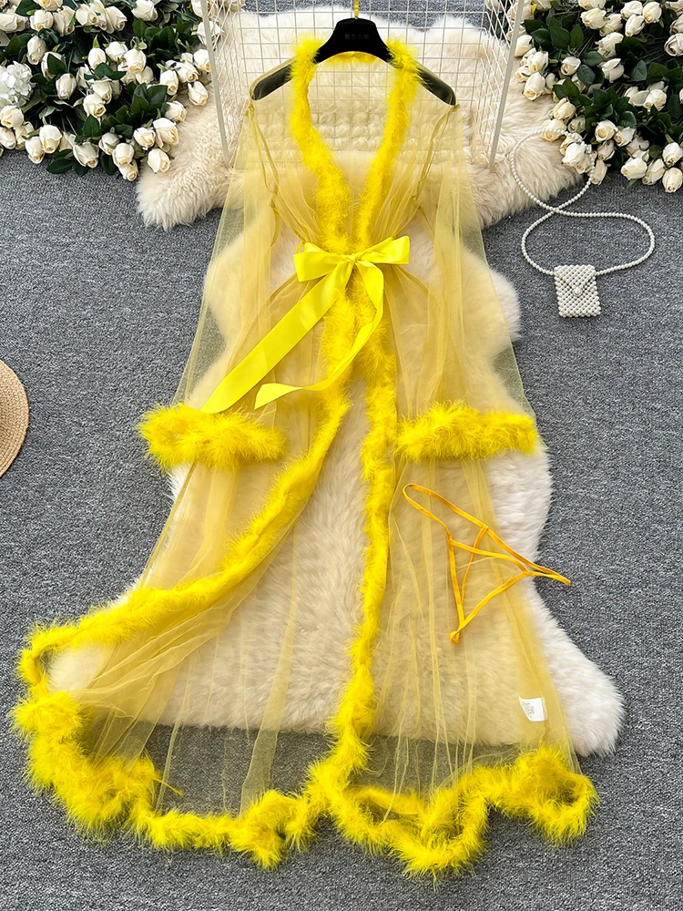 Women's Yellow Nightdress Sexy Long V-neck Lingerie Nightwear Bath Robe Gown Perspective Exotic Nightgown Home Dress Clothing